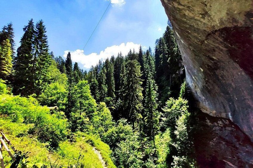 A forested mountain landscape with a prominent rock formation. 5