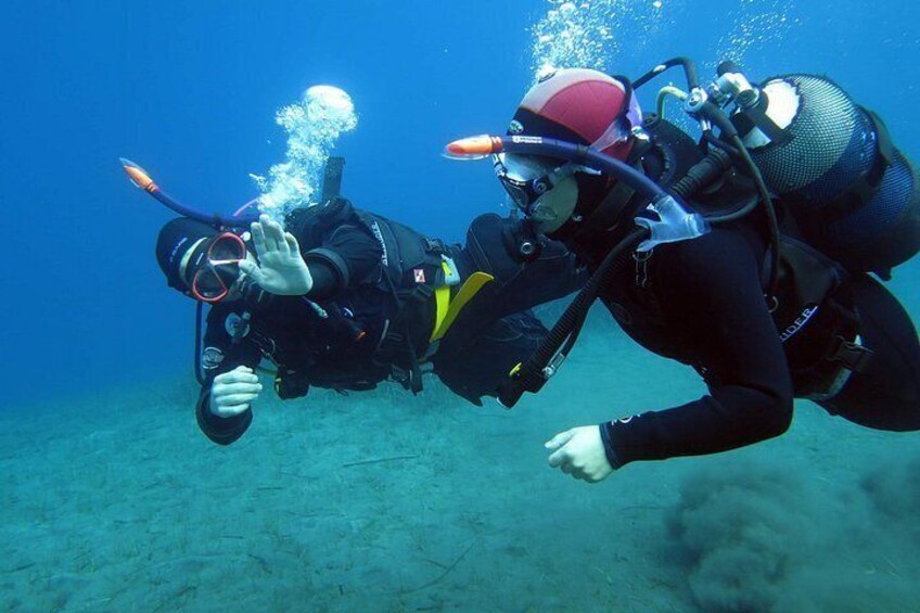 Two scuba divers underwater with tanks and fins. 1
