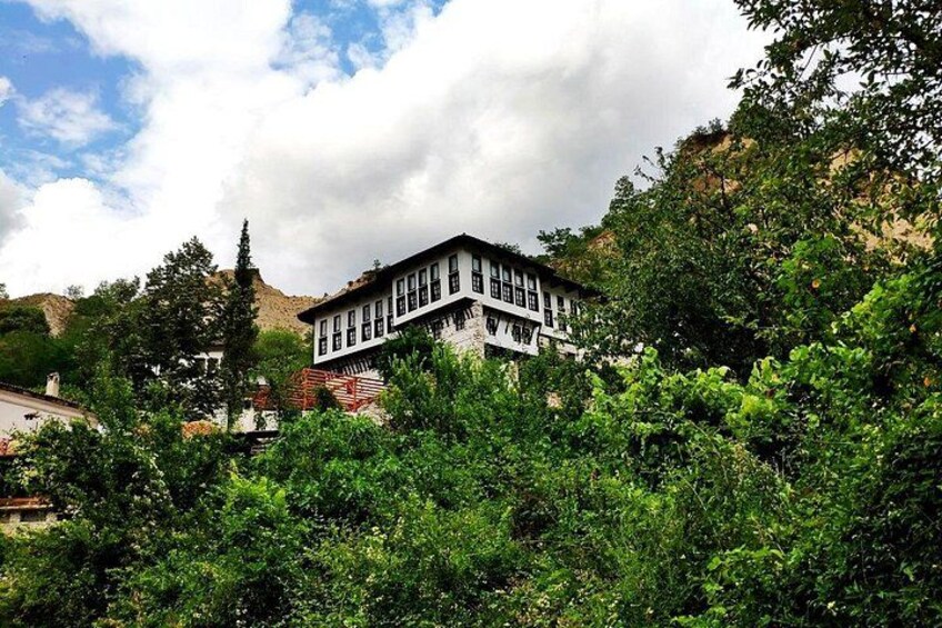 A building surrounded by lush greenery and a mountain in the background. 2