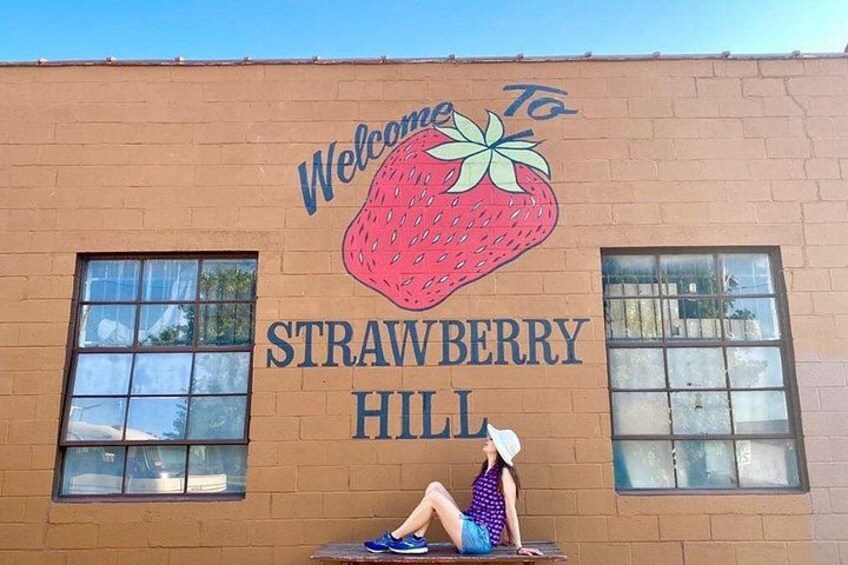 Una pared con una fresa grande y el texto 'Welcome to Strawberry Hill'. 3