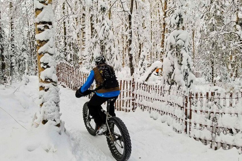A person riding a snow bike through a snowy forest. 2