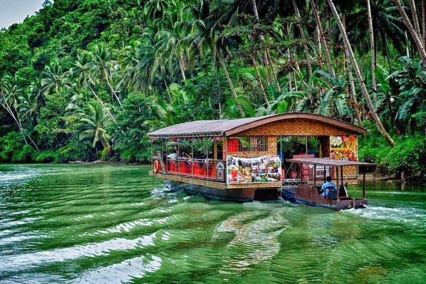 A houseboat with a covered deck, surrounded by lush green tropical vegetation. 3