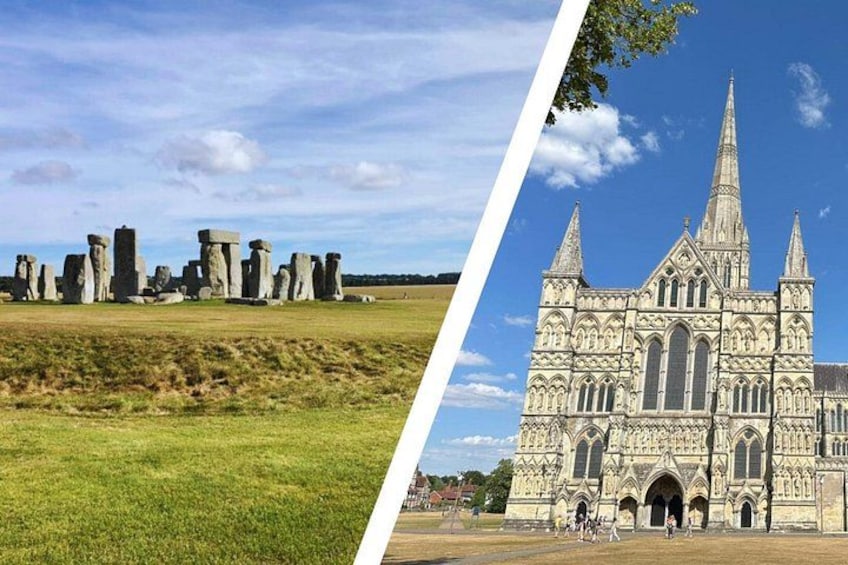 Stonehenge and a cathedral with spires. 1