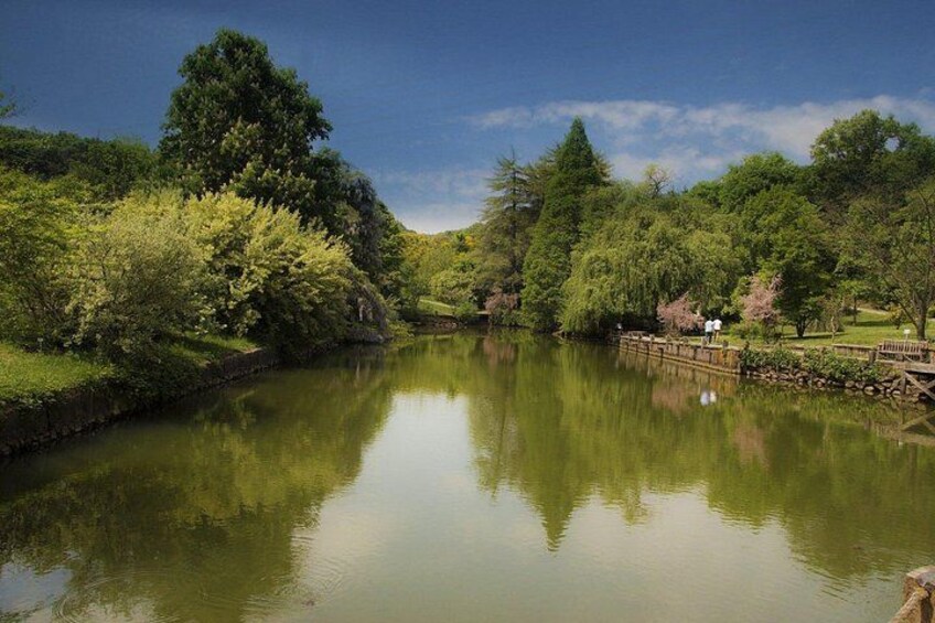 A calm river with a wooden bridge, lush greenery, and trees reflecting on the water. 1