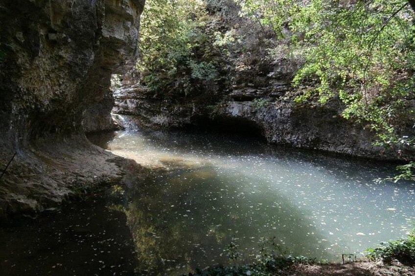 A narrow water passage with rocky walls and sparse vegetation. 1