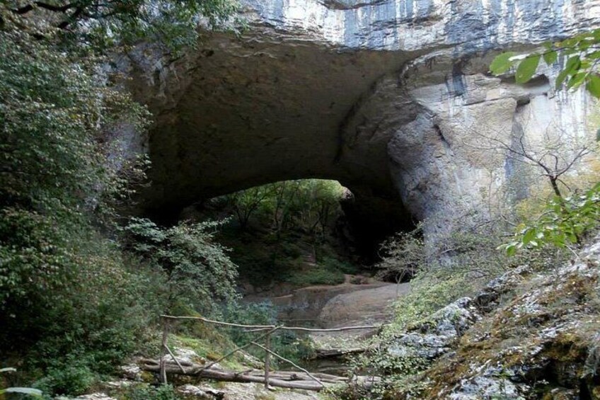 A natural rock arch formation surrounded by dense vegetation. 4