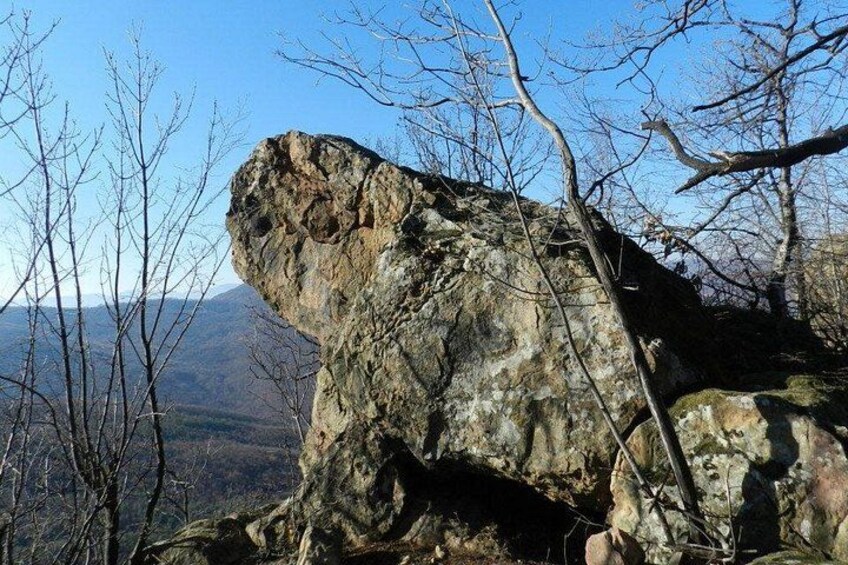 A large rock formation with a bicycle leaning against it. 3