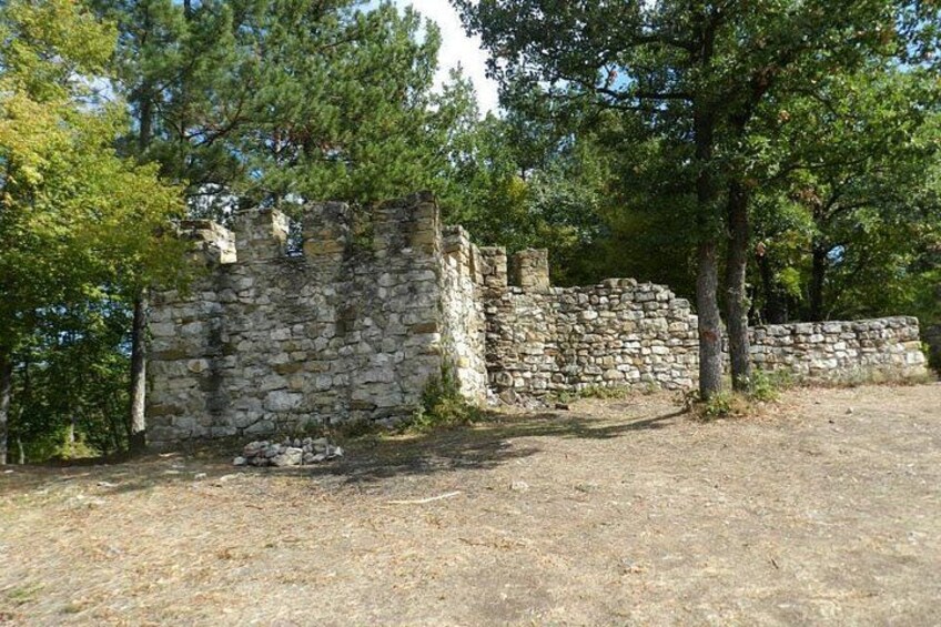 A stone wall with a collapsed section, surrounded by trees and a dirt ground. 5