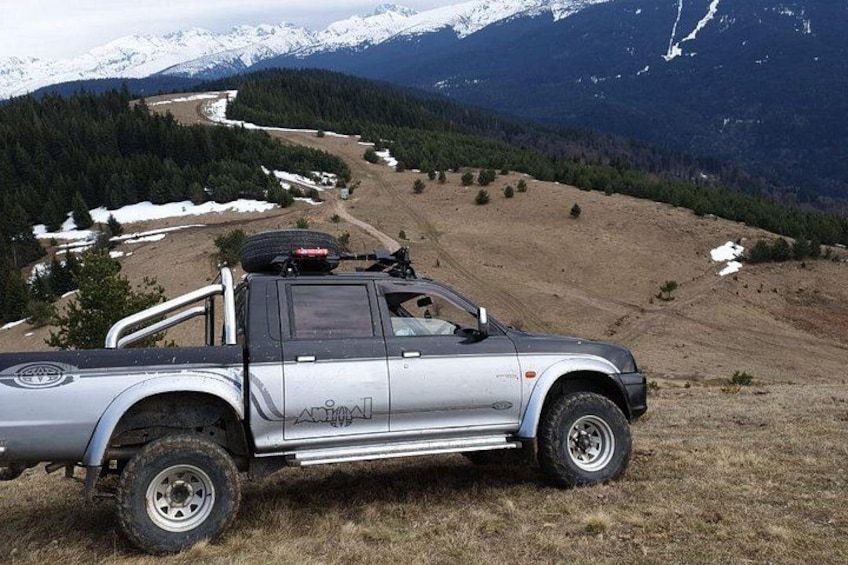 En silverfärgad pickup-truck parkerad på en gräsklädd kulle med ett bergigt landskap i bakgrunden. 2