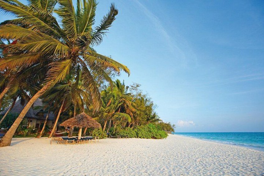 A beach with white sand, palm trees, and a thatched-roof hut. 2