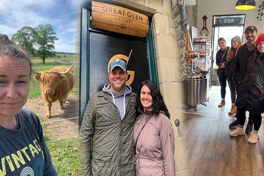 A distillery entrance, a cow, and people inside. 3