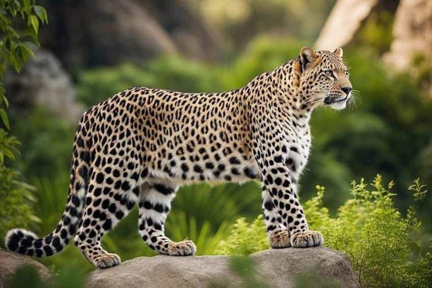 A leopard walking on a rock in a green forest. 1