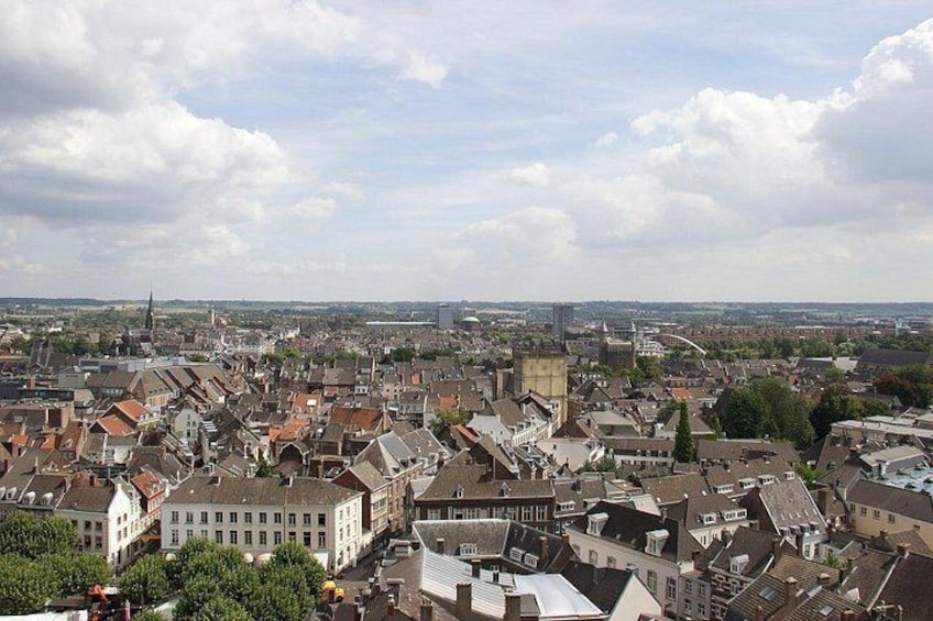 A cityscape with historic buildings, a prominent church tower, and a distant view of a river. 2