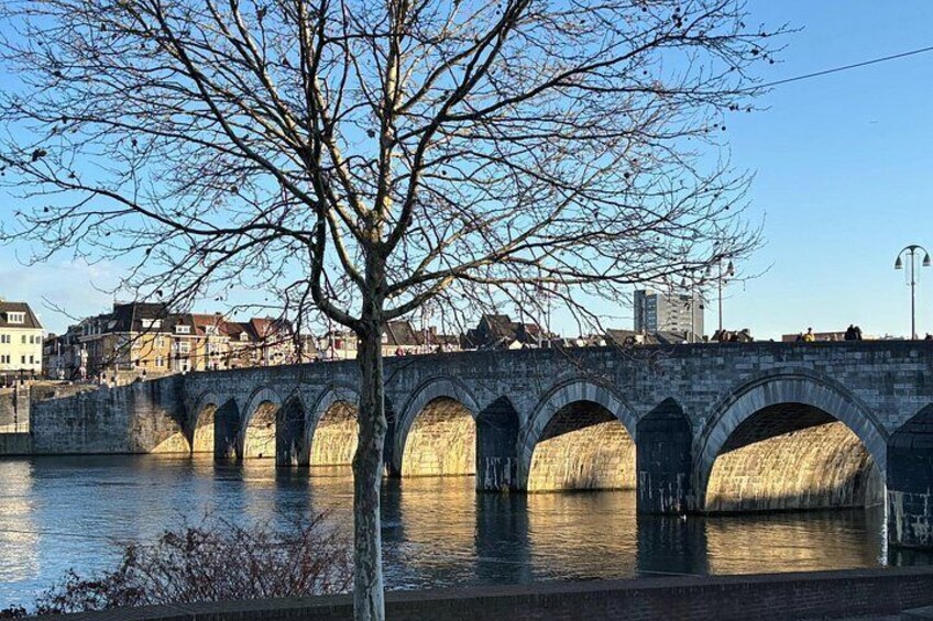 A stone bridge with multiple arches over a body of water, surrounded by buildings and a leafless tree. 4