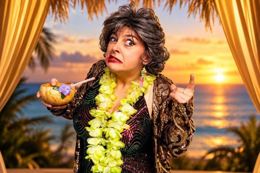 A person holding a coconut with a straw, wearing a floral lei, and a patterned jacket. 3