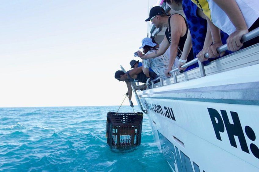 People on a boat with a black crate in the water. 3