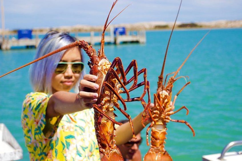 A person holding a lobster on a boat with a clear blue sea and a pier in the background. 1