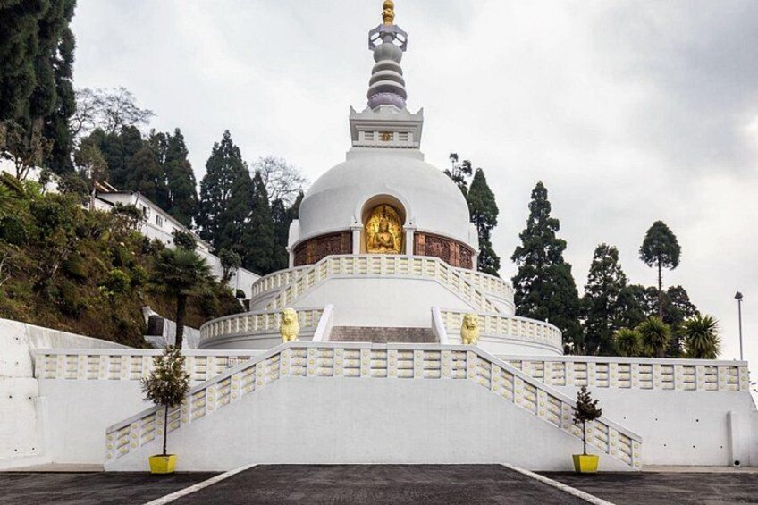 A white stupa with a golden statue, surrounded by a white fence and potted plants. 2
