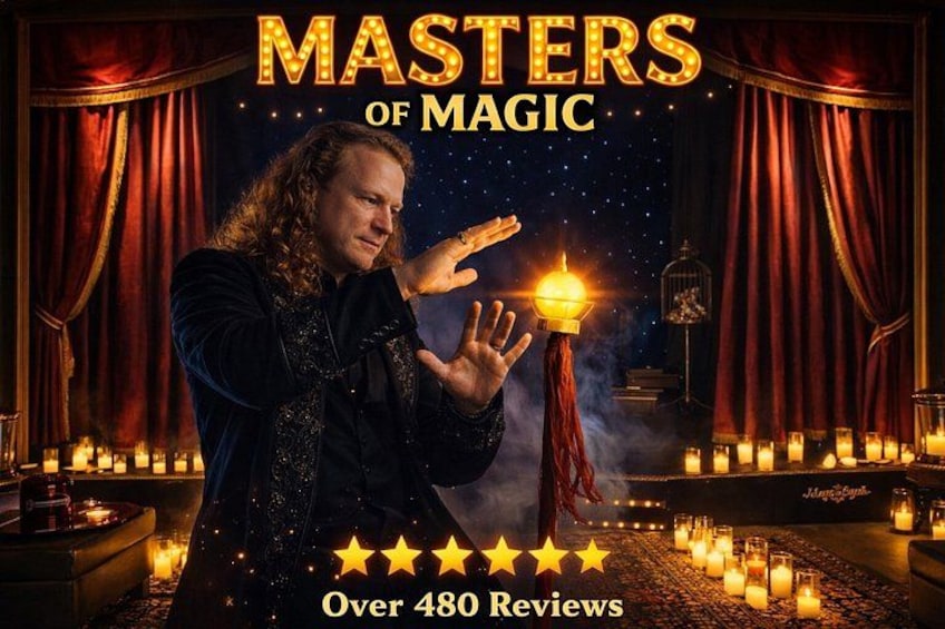 A magician performing with a candle and a wand, surrounded by candles and a starry background. 4