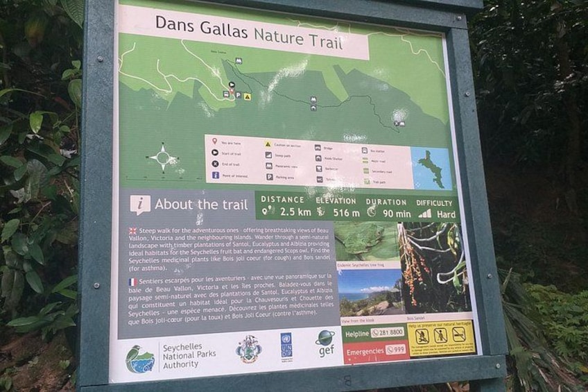 A sign for Dans Gallas Nature Trail with a map, distance, elevation, duration, and difficulty information. 2