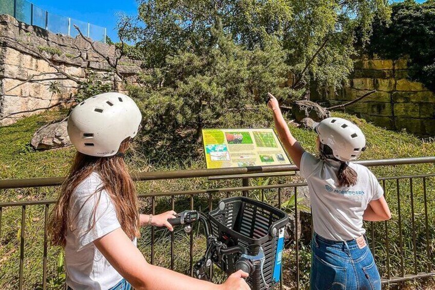 Two people wearing helmets, one pointing at a signboard. 1
