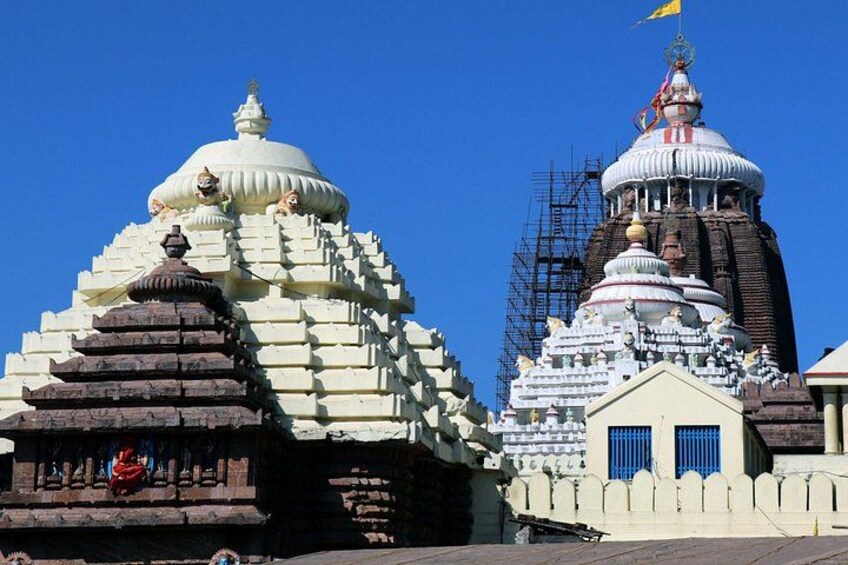 A temple with a white dome and a brown spire, both under construction. 5