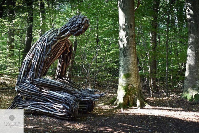 A forest with a large sculpture of intertwined branches. 2