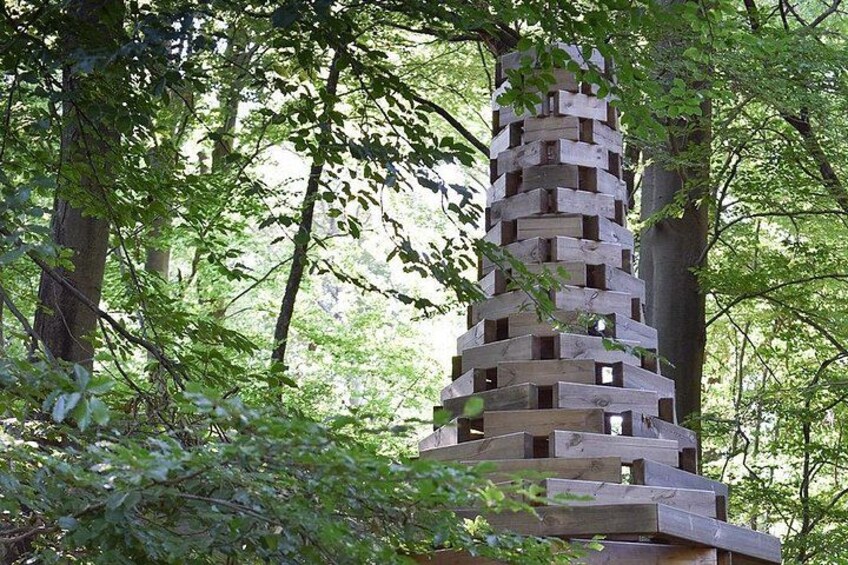 A wooden tower structure in a forested area. 3
