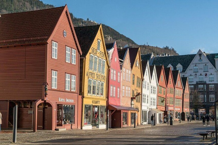 A row of colorful buildings with signs, a clear sky, and a hilly background. 5