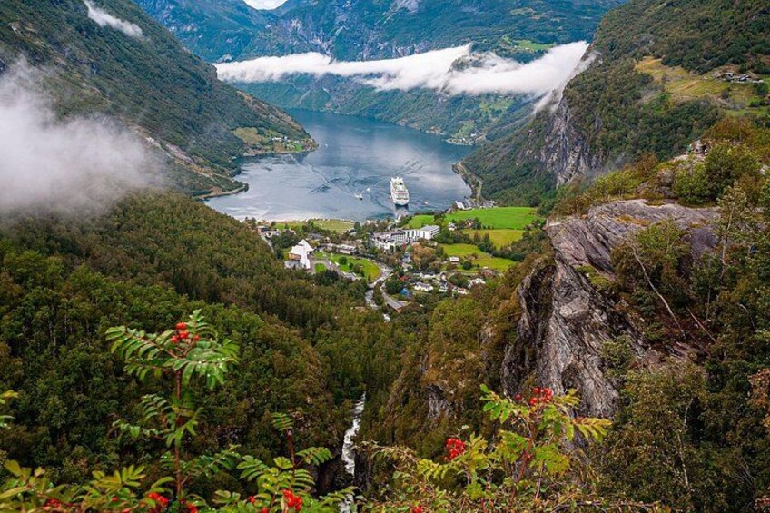 A fjord with a cruise ship, surrounded by steep cliffs and dense forest. 4