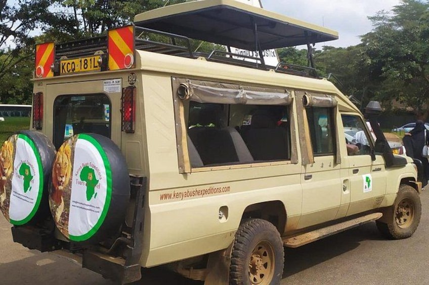 Un véhicule de safari équipé d’une roue de secours et portant une adresse de site web sur le côté. 5