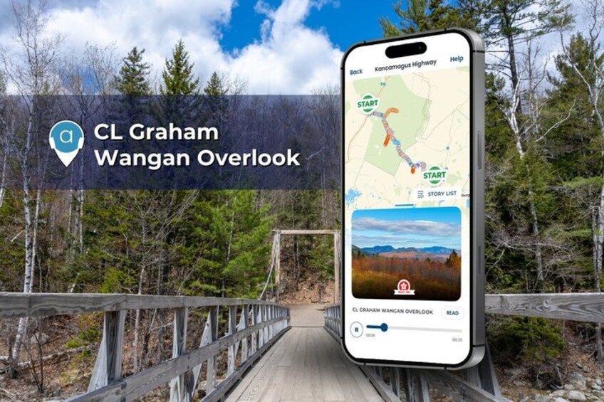Un smartphone affichant une carte avec un sentier indiqué, un pont en bois et un paysage boisé. 4