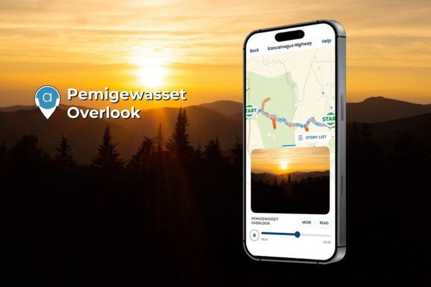 A smartphone displaying a map with the title 'Pemigewasset Overlook' and a scenic sunset background. 2