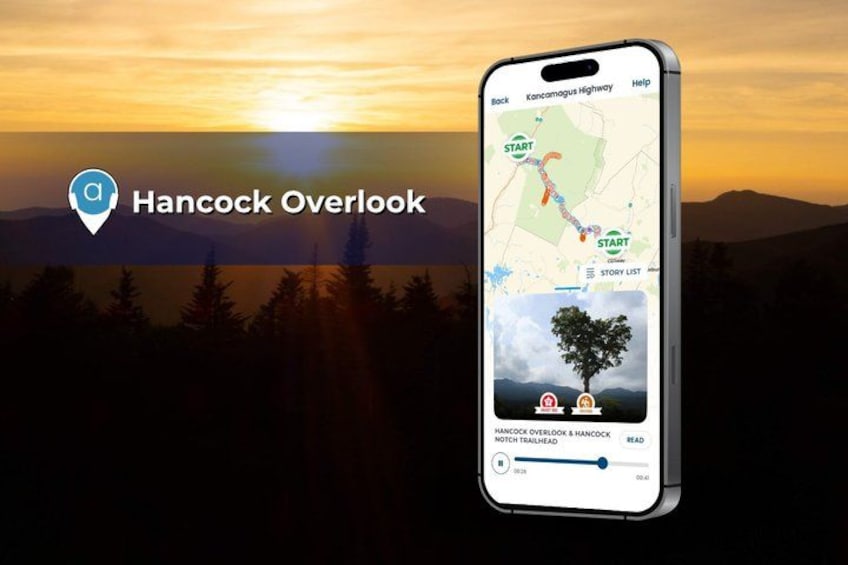 Un smartphone affiche une application de randonnée avec une carte, une icône représentant un sentier et un soleil couchant en arrière-plan. 2