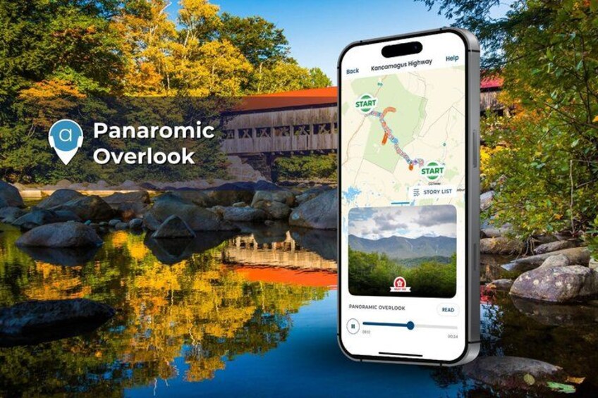 Un smartphone affichant une carte avec un marqueur de localisation, un pont et une étendue d’eau dans laquelle se reflètent les arbres. 5