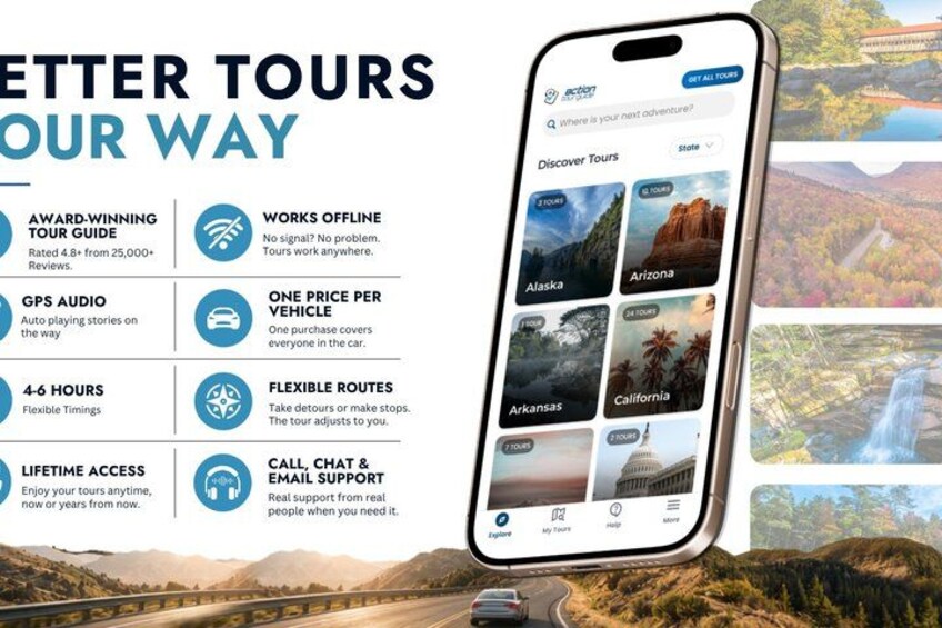 A smartphone displaying a travel app with features like offline access, GPS audio, flexible routes, and lifetime access. 4