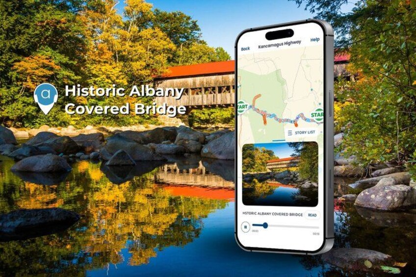A smartphone displaying a map of the Historic Albany Covered Bridge with a scenic view of the bridge and surrounding trees. 5