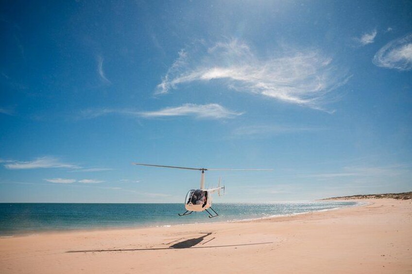 A helicopter on a beach with clear skies. 3