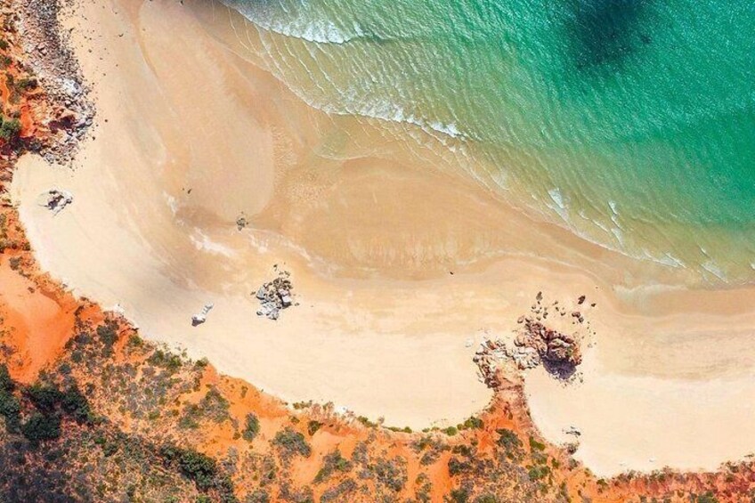 Vue aérienne d’une plage aux eaux turquoise et limpides, bordée d’un rivage sablonneux et d’une végétation clairsemée. 3