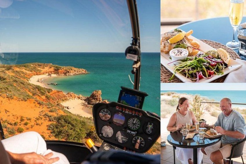 A helicopter's cockpit with a coastal landscape view, a meal with a drink, and two people dining. 1