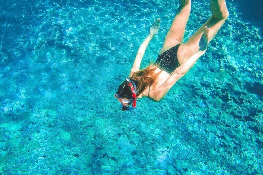 Eine Person taucht mit Schnorchel unter Wasser. 1