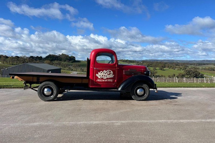 Old Truck at a winery used for many years to take the grapes from the vineyard to the wine makers. Here this is at Mollydooker winery in the McLaren Vale winery tour. 3