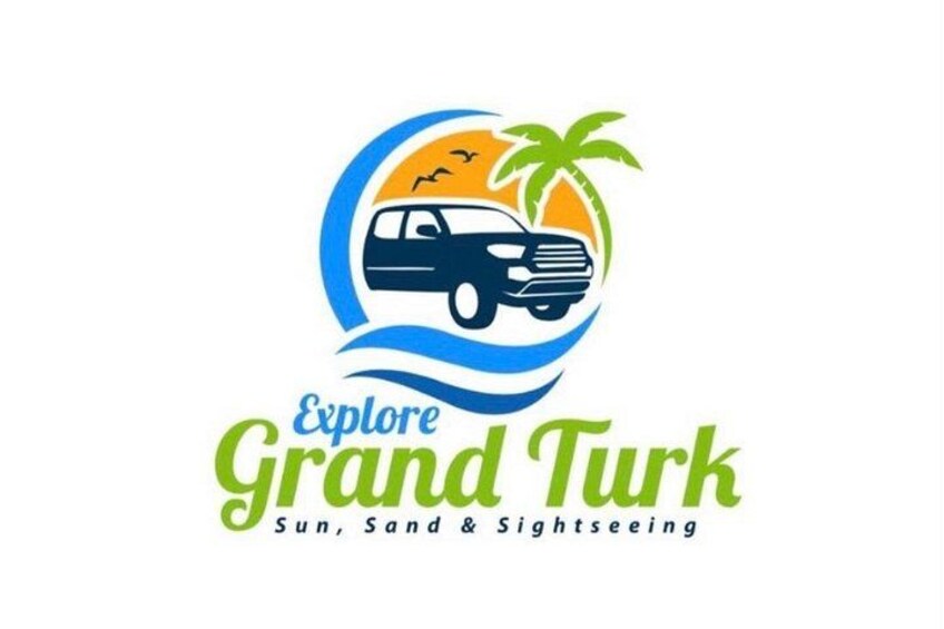 A logo with a car, palm tree, and sun. 2