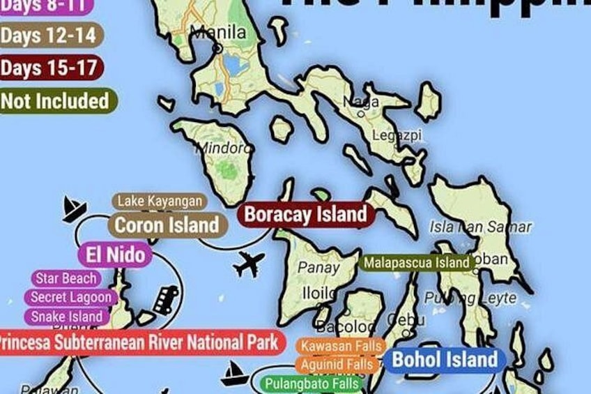 A map of Boracay Island with locations like El Nido, Star Beach, and Princessa Subterranean River National Park. 3
