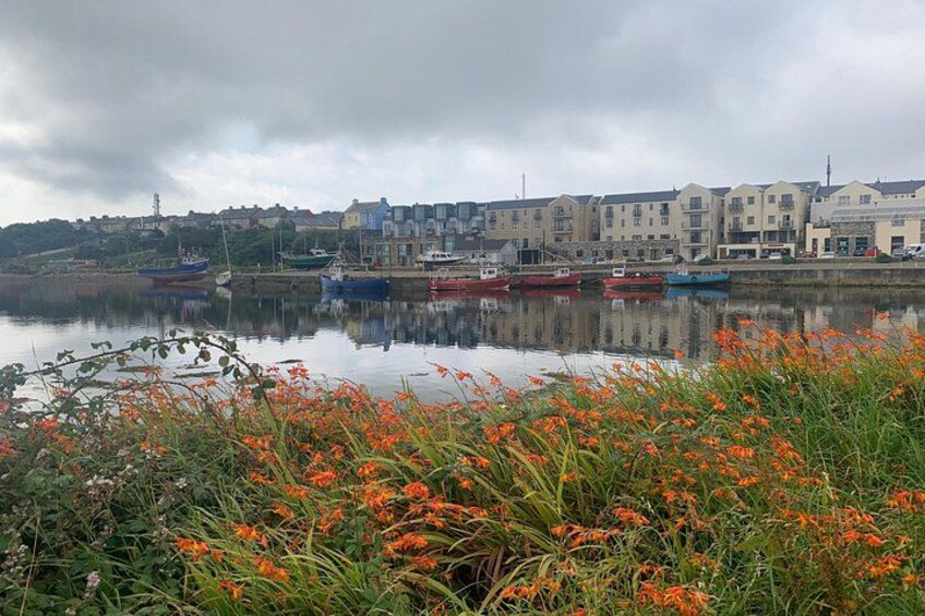 A harbor with boats, buildings, and orange flowers in the foreground. 5