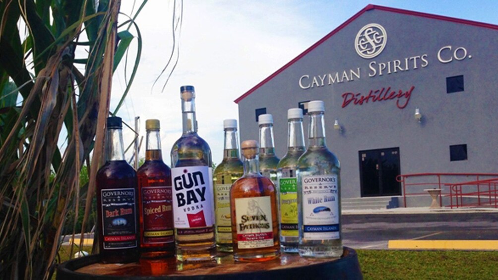 Bottles of alcohol outside a distillery in the Cayman Islands