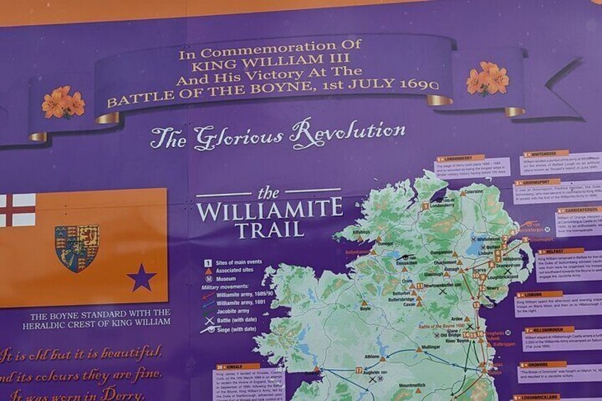 Un mapa histórico titulado 'The Williamite Trail' que conmemora la victoria del rey Guillermo III en la batalla del Boyne, 1 de julio de 1690. 5