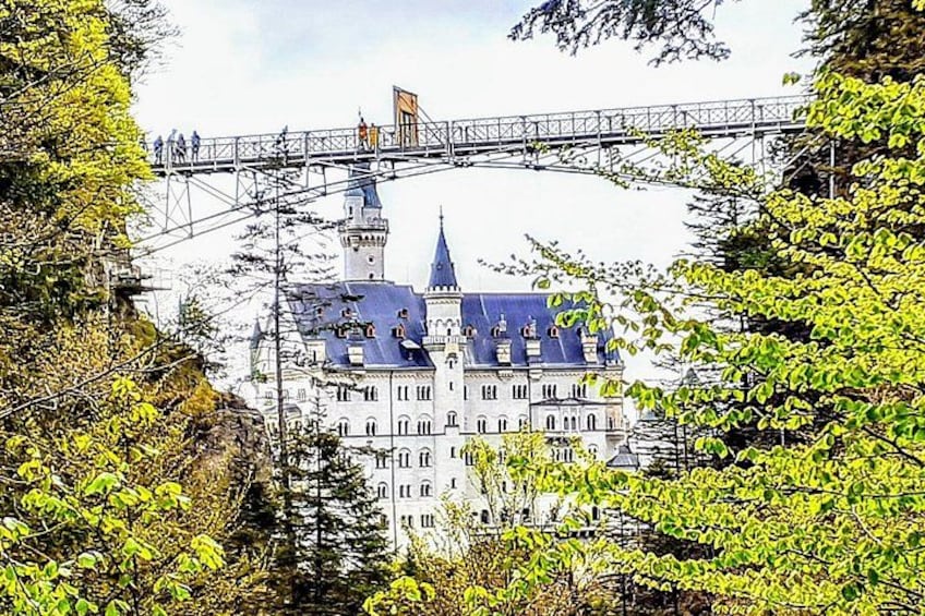 A castle with a bridge, surrounded by trees. 1