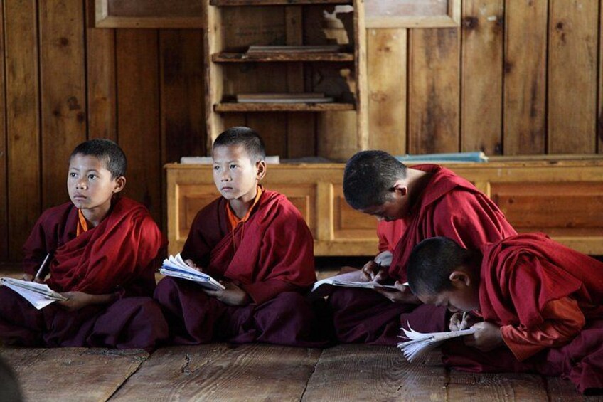 Monks in red robes sitting on wooden benches, reading books. 3