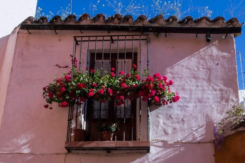 Ein rosafarbenes Gebäude mit einem Fenster, das mit roten Blumen geschmückt ist, und einem Ziegeldach. 3